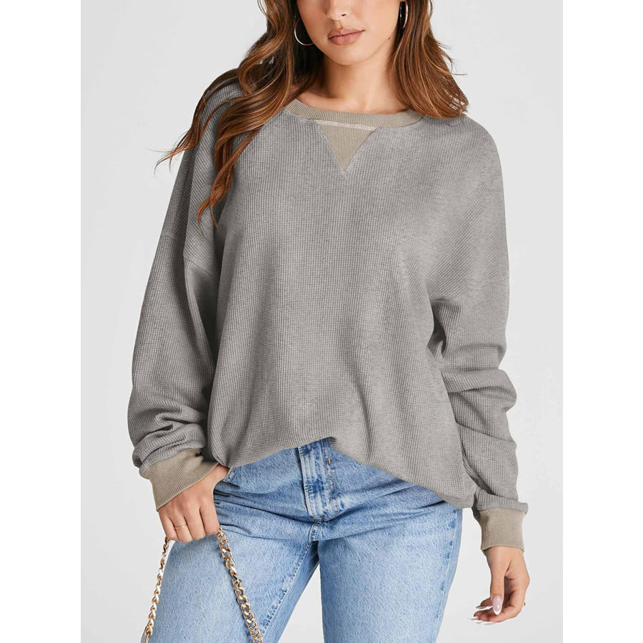 Waffle Knit Round Neck Long Sleeve T-Shirt Gray / S Apparel and Accessories