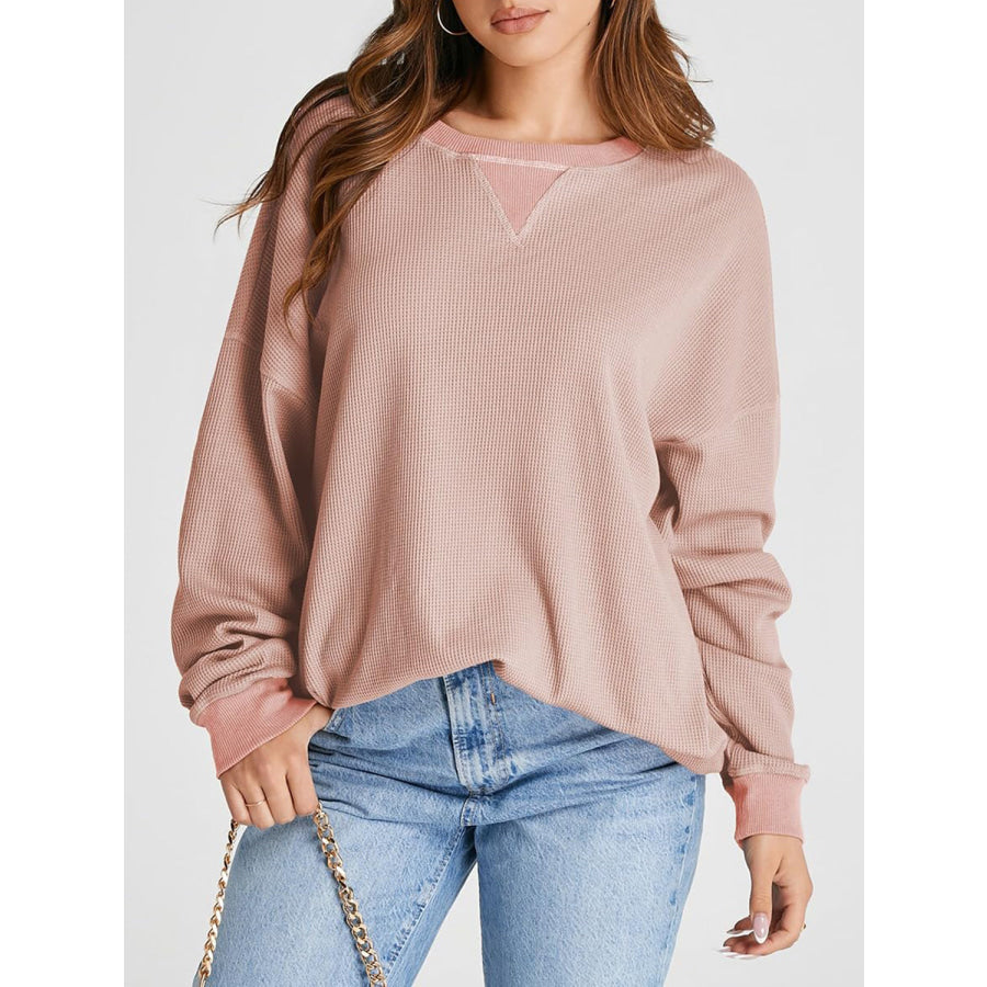 Waffle Knit Round Neck Long Sleeve T-Shirt Pale Blush / S Apparel and Accessories