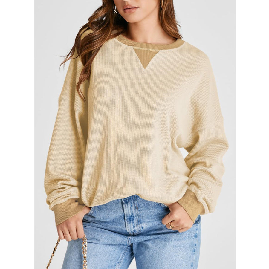 Waffle Knit Round Neck Long Sleeve T-Shirt Pastel Yellow / S Apparel and Accessories