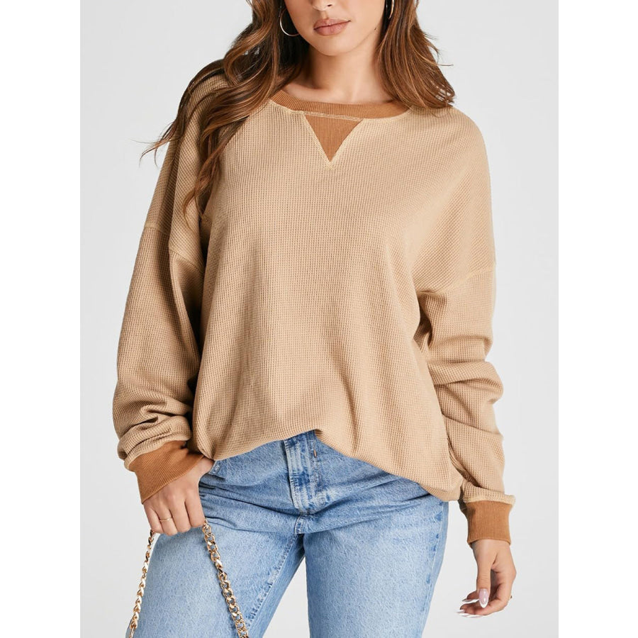 Waffle Knit Round Neck Long Sleeve T-Shirt Tan / S Apparel and Accessories