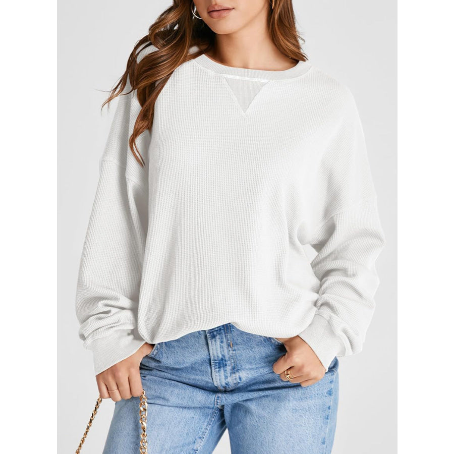 Waffle Knit Round Neck Long Sleeve T-Shirt White / S Apparel and Accessories