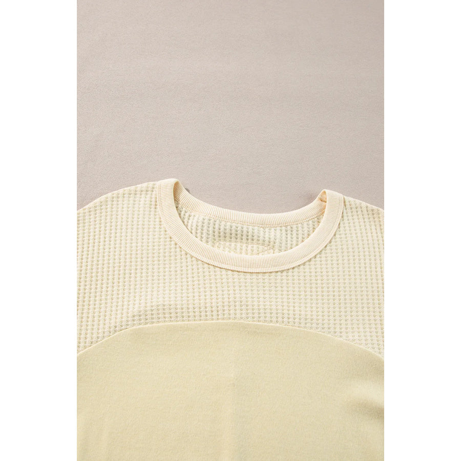 Waffle-Knit Round Neck Long Sleeve Top Apparel and Accessories