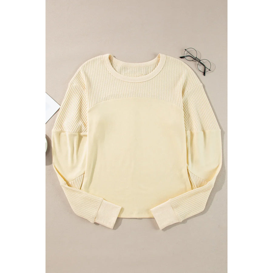 Waffle-Knit Round Neck Long Sleeve Top Apparel and Accessories