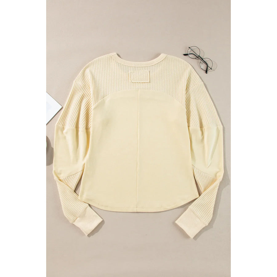 Waffle-Knit Round Neck Long Sleeve Top Apparel and Accessories