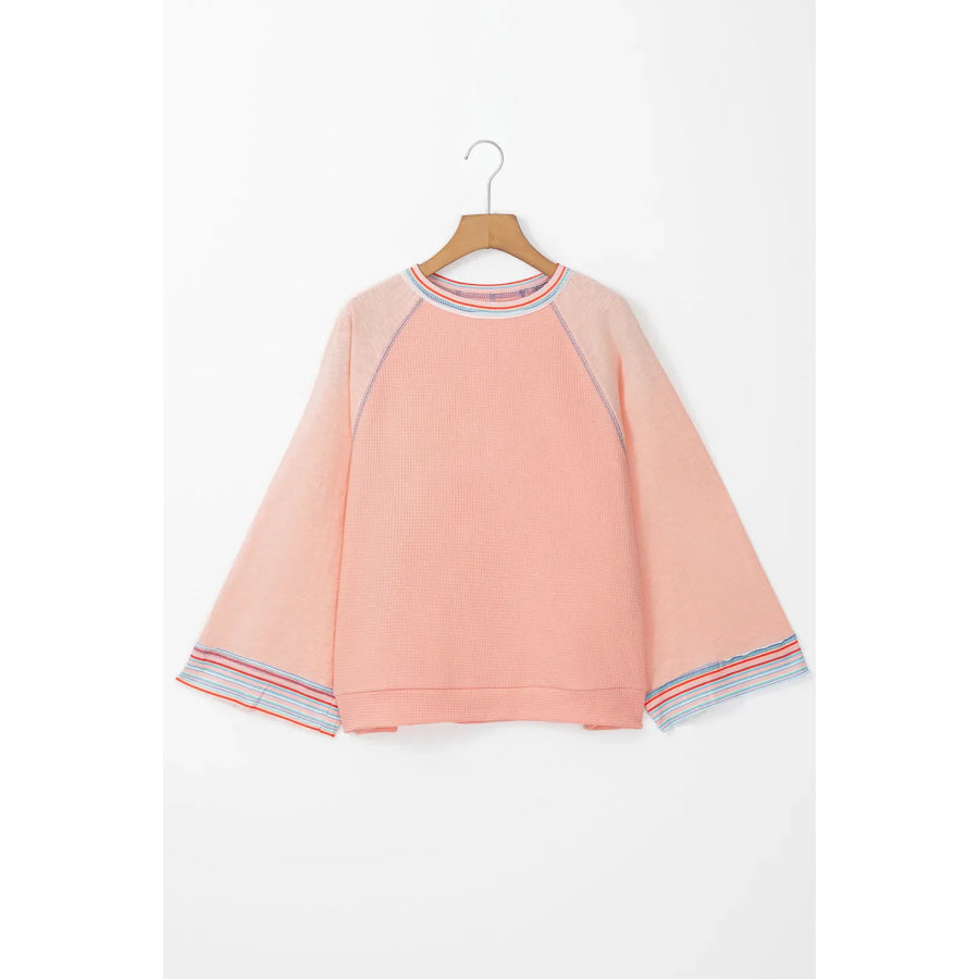 Waffle-Knit Round Neck Long Sleeve Top Apparel and Accessories