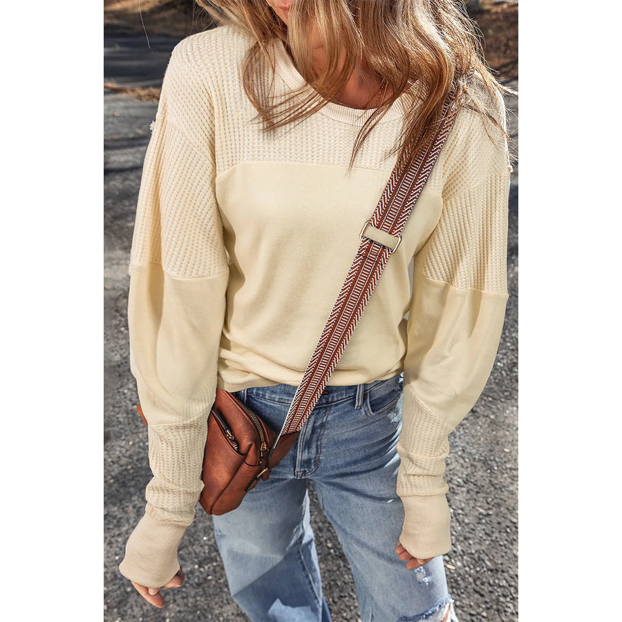 Waffle-Knit Round Neck Long Sleeve Top Beige / S Apparel and Accessories