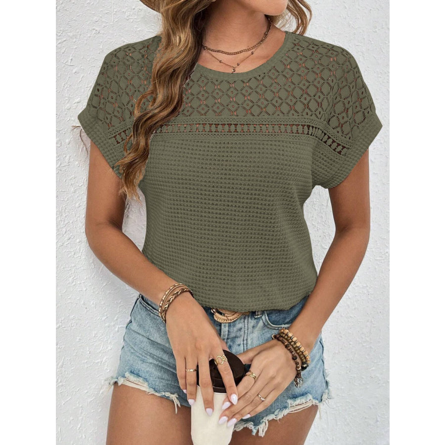 Waffle-Knit Round Neck Short Sleeve Top Apparel and Accessories