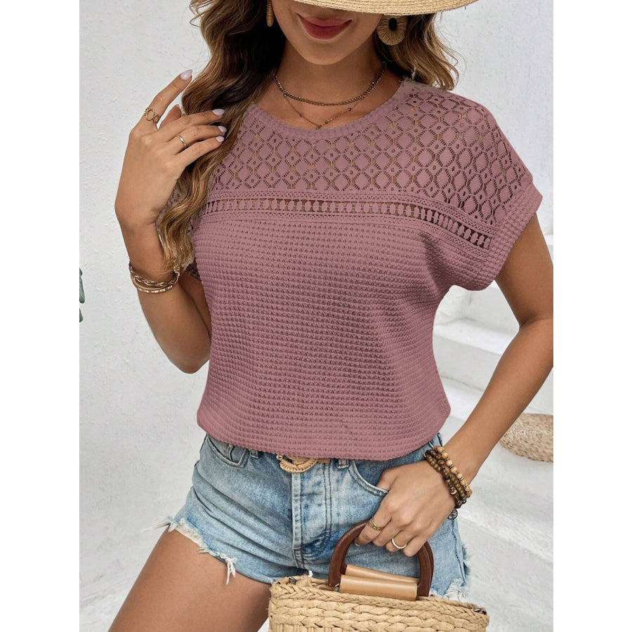 Waffle-Knit Round Neck Short Sleeve Top Dusty Pink / S Apparel and Accessories