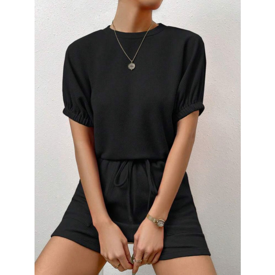Waffle-Knit Round Neck T-Shirt and Pocketed Shorts Lounge Set Black / S Apparel and Accessories