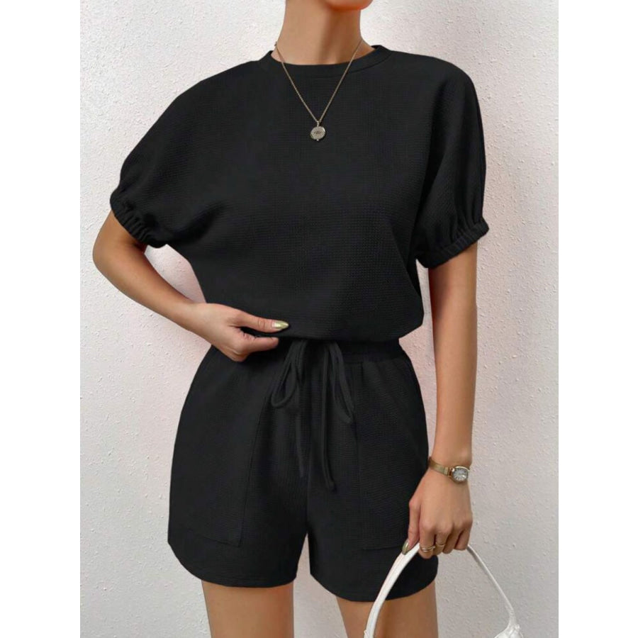 Waffle-Knit Round Neck T-Shirt and Pocketed Shorts Lounge Set Black / S Apparel and Accessories