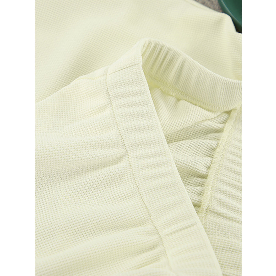Waffle-Knit Round Neck T-Shirt Open Front Cardigan and Shorts Set Apparel and Accessories