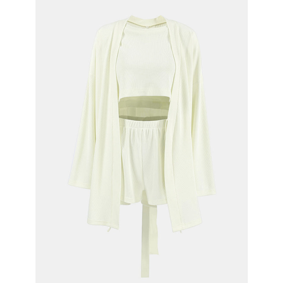 Waffle-Knit Round Neck T-Shirt Open Front Cardigan and Shorts Set Apparel and Accessories