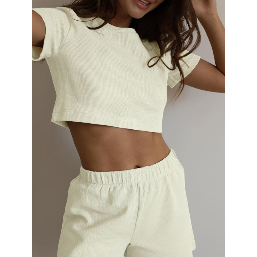 Waffle-Knit Round Neck T-Shirt Open Front Cardigan and Shorts Set Apparel and Accessories