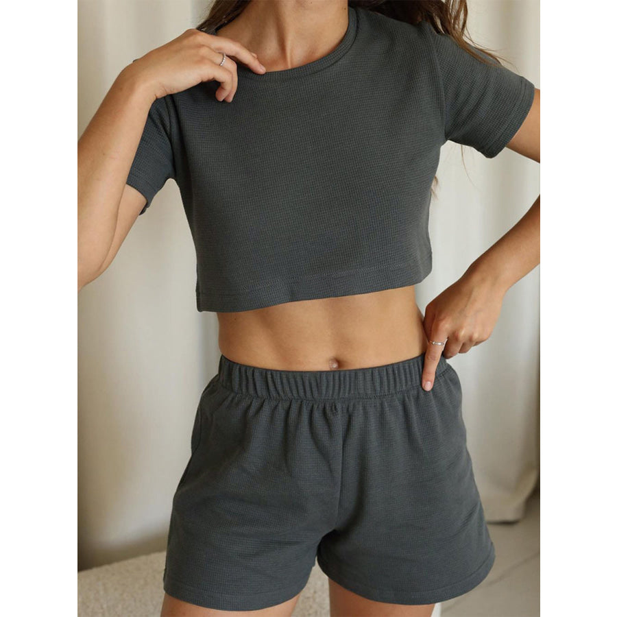 Waffle-Knit Round Neck T-Shirt Open Front Cardigan and Shorts Set Apparel and Accessories