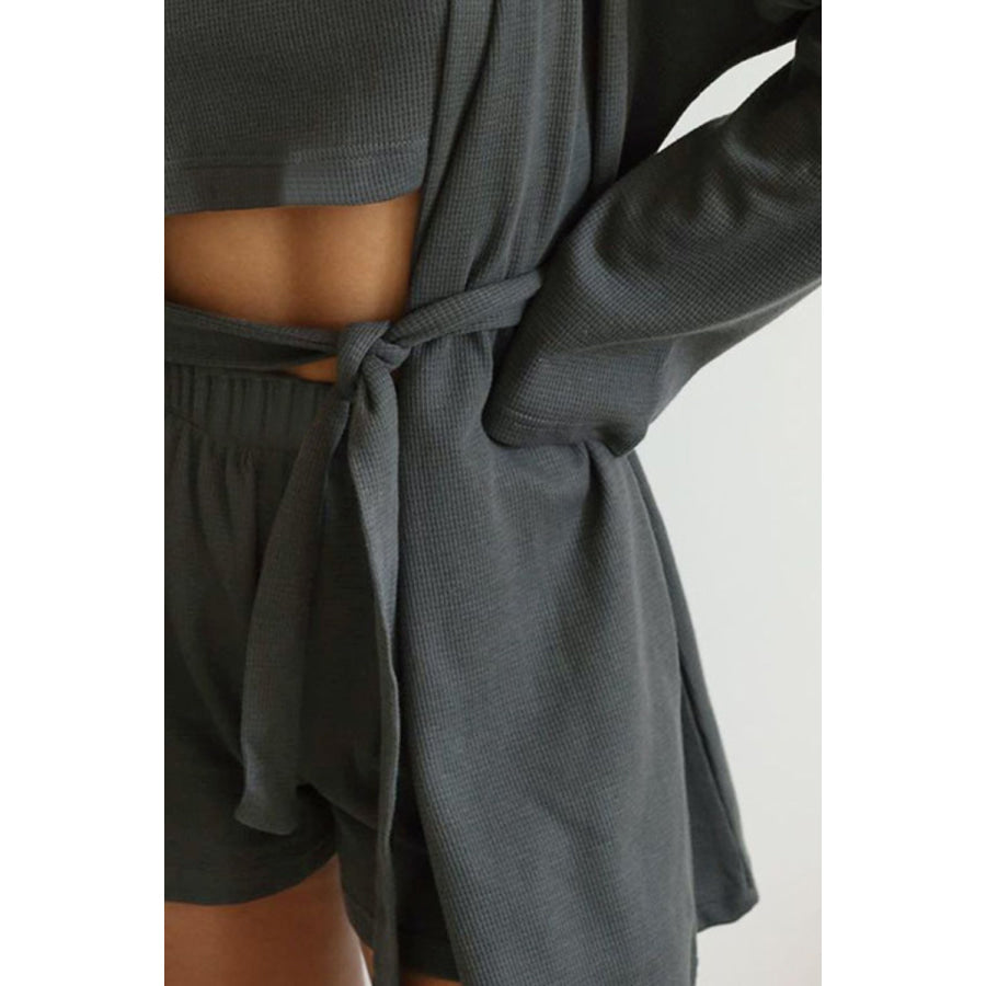 Waffle-Knit Round Neck T-Shirt Open Front Cardigan and Shorts Set Apparel and Accessories