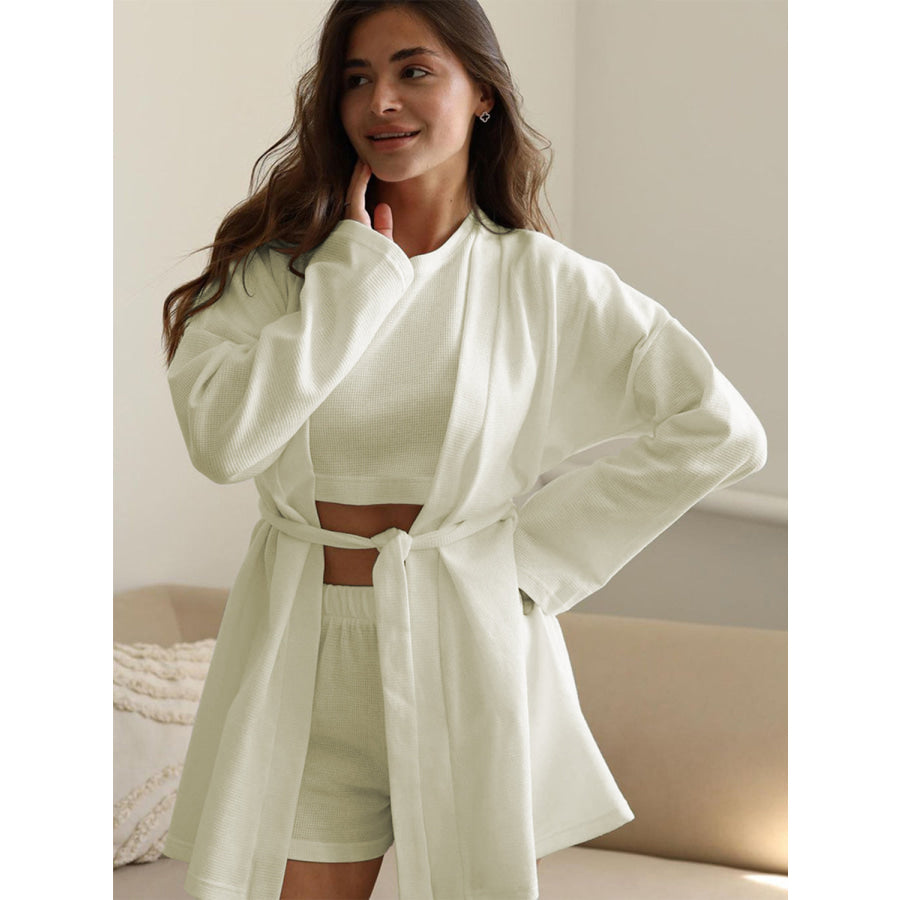 Waffle-Knit Round Neck T-Shirt Open Front Cardigan and Shorts Set Apparel and Accessories