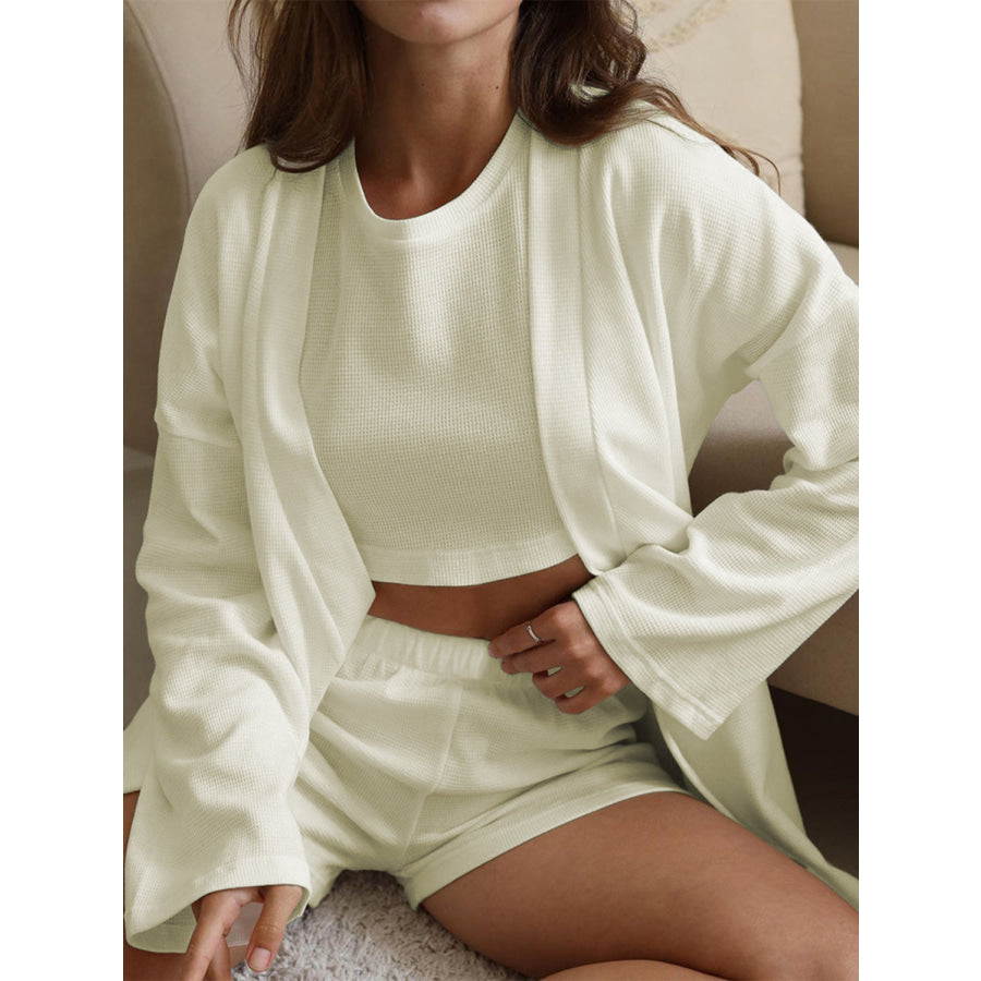 Waffle-Knit Round Neck T-Shirt Open Front Cardigan and Shorts Set Cream / S Apparel and Accessories