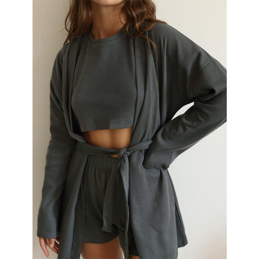 Waffle-Knit Round Neck T-Shirt Open Front Cardigan and Shorts Set Dark Gray / S Apparel and Accessories