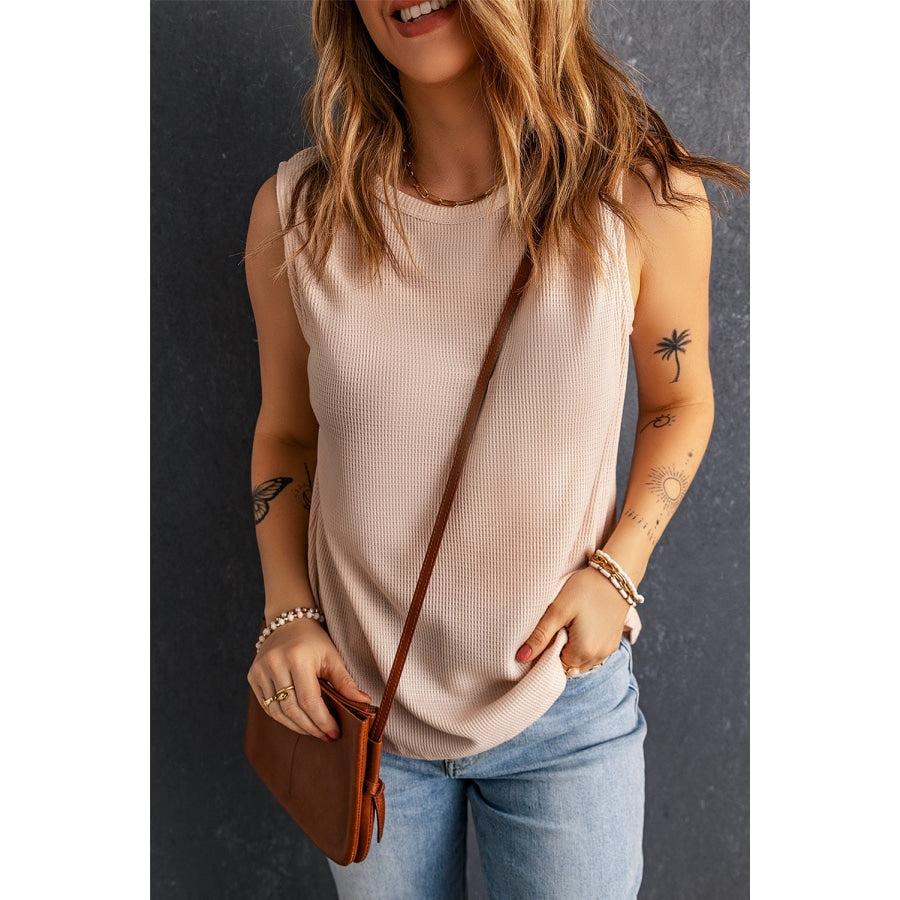 Waffle Knit Round Neck Tank Blush Pink / S