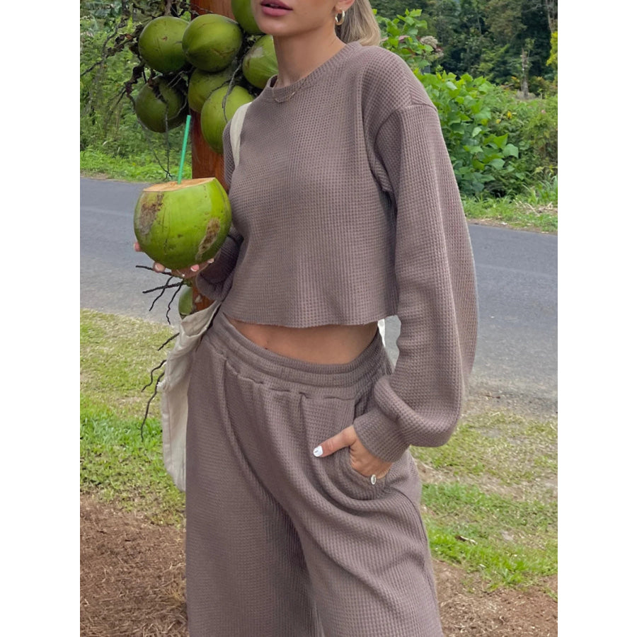 Waffle - Knit Round Neck Top and Pants Set Mocha / S