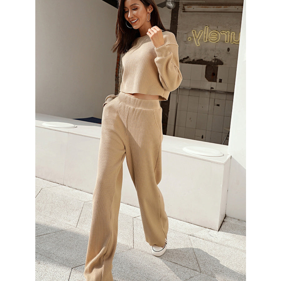 Waffle - Knit Round Neck Top and Pants Set Tan / S