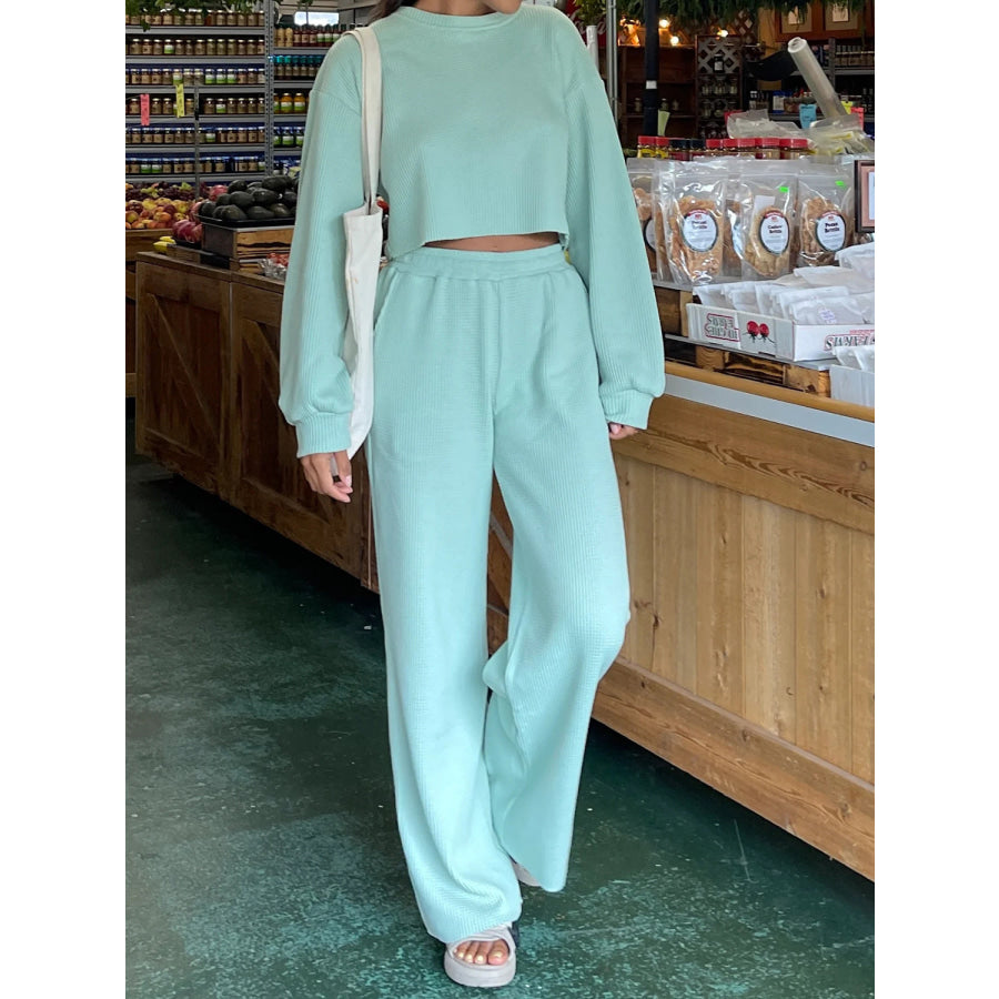 Waffle - Knit Round Neck Top and Pants Set Tiffany Blue / S