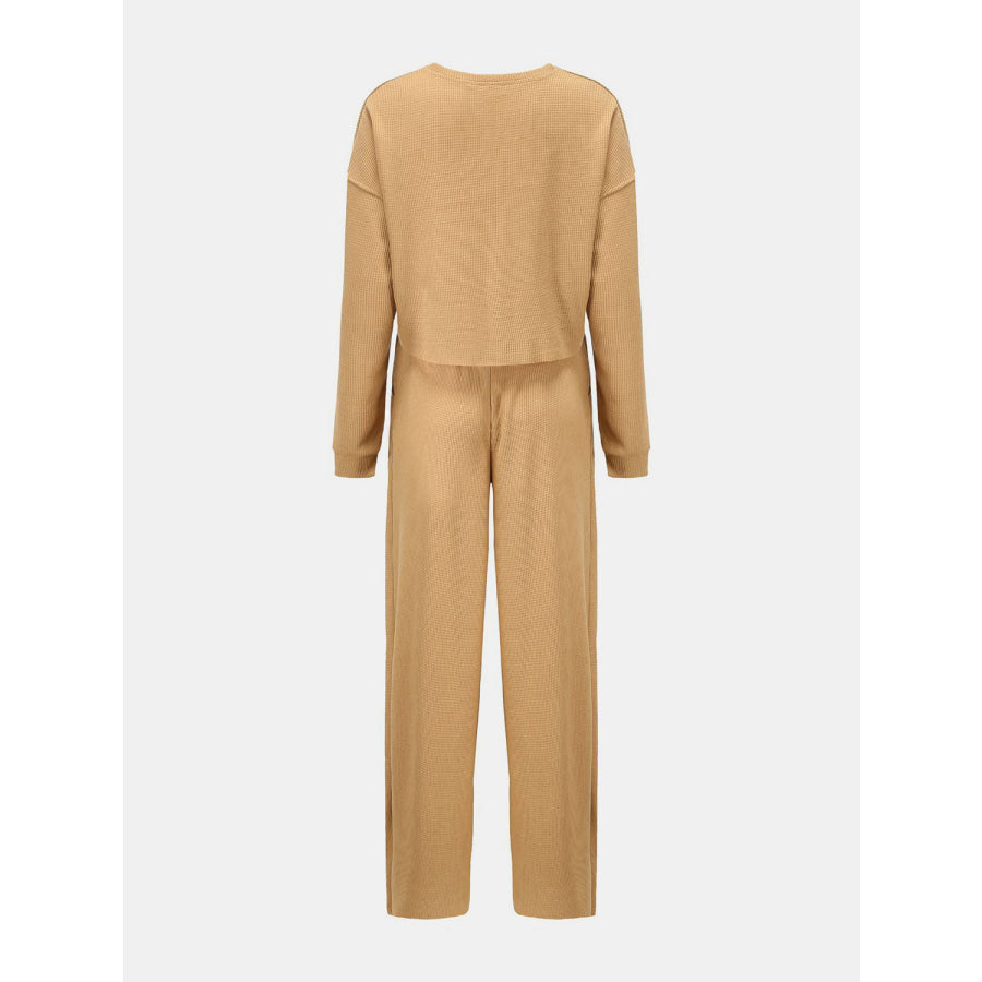 Waffle - Knit Round Neck Top and Pants Set