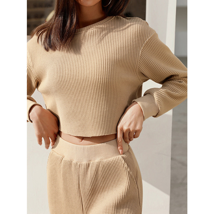 Waffle - Knit Round Neck Top and Pants Set