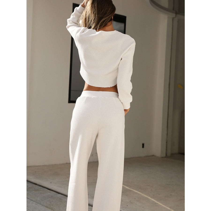 Waffle - Knit Round Neck Top and Pants Set White / S