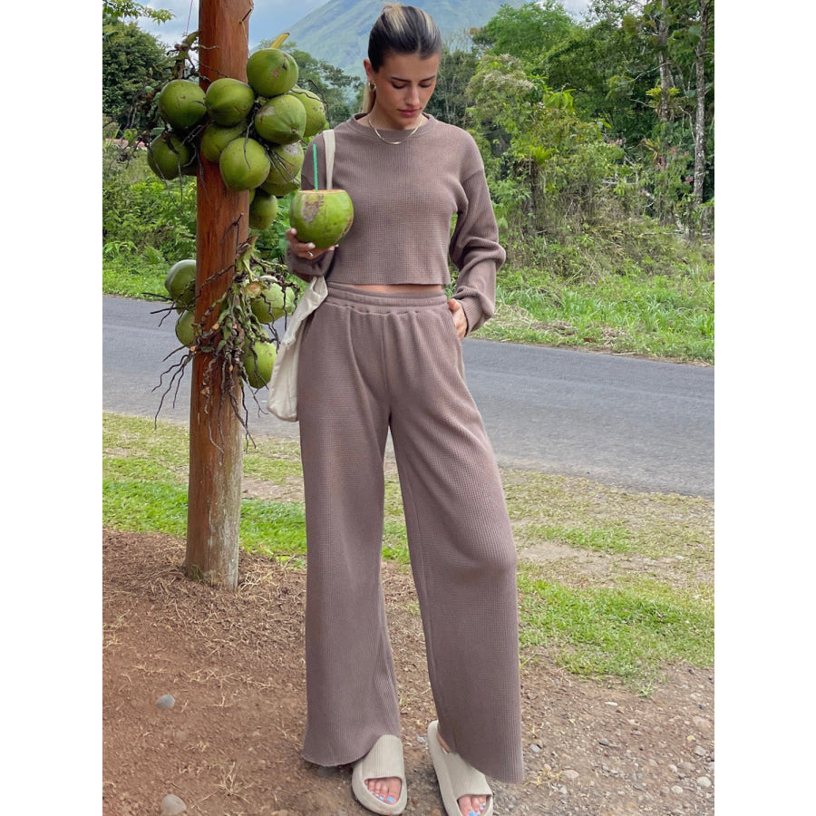 Waffle - Knit Round Neck Top and Pants Set