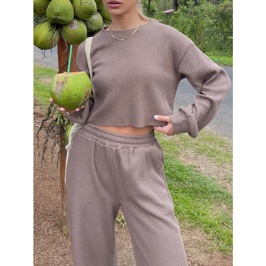 Waffle - Knit Round Neck Top and Pants Set