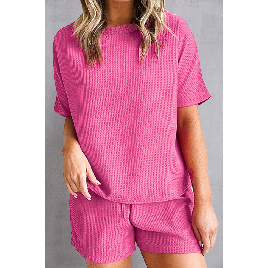 Waffle - Knit Round Neck Top and Shorts Set Apparel Accessories