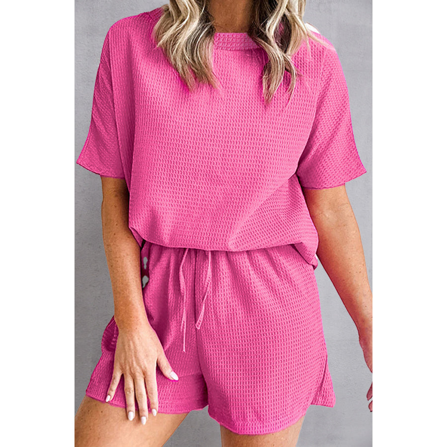 Waffle - Knit Round Neck Top and Shorts Set Hot Pink / S Apparel Accessories