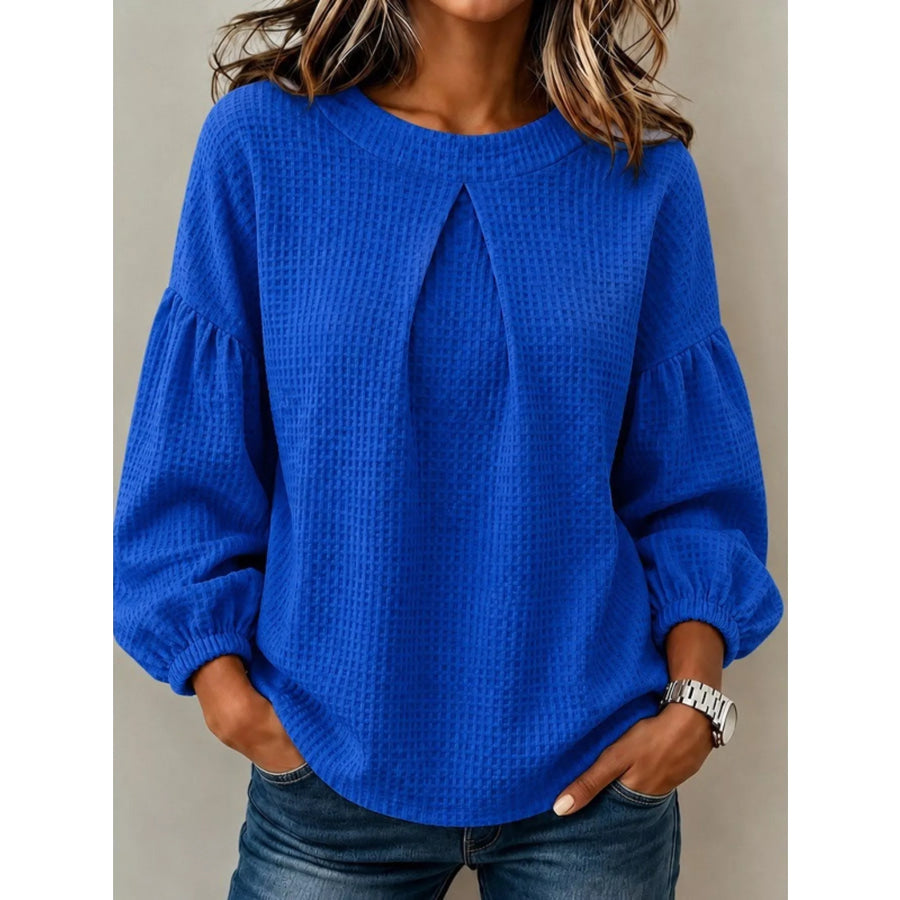 Waffle Knit Round Neck Top Blue / S Apparel and Accessories