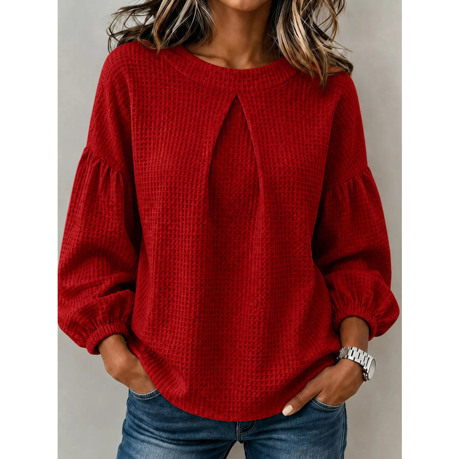 Waffle Knit Round Neck Top Burgundy / S Apparel and Accessories