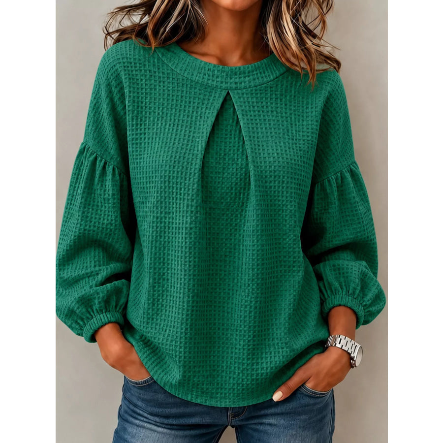 Waffle Knit Round Neck Top Green / S Apparel and Accessories