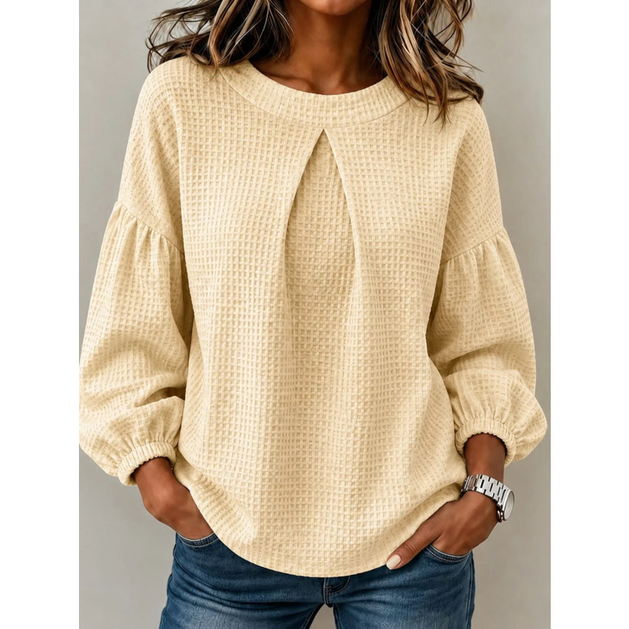 Waffle Knit Round Neck Top Khaki / S Apparel and Accessories
