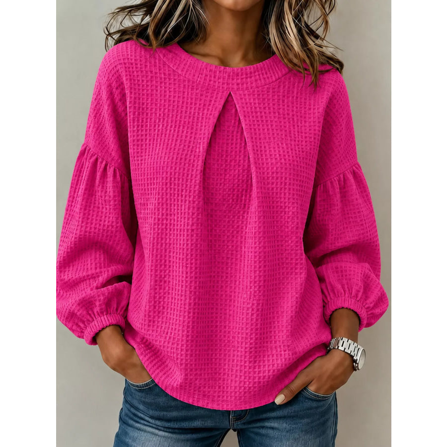Waffle Knit Round Neck Top Red / S Apparel and Accessories