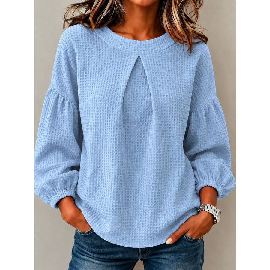 Waffle Knit Round Neck Top Sky Blue / S Apparel and Accessories