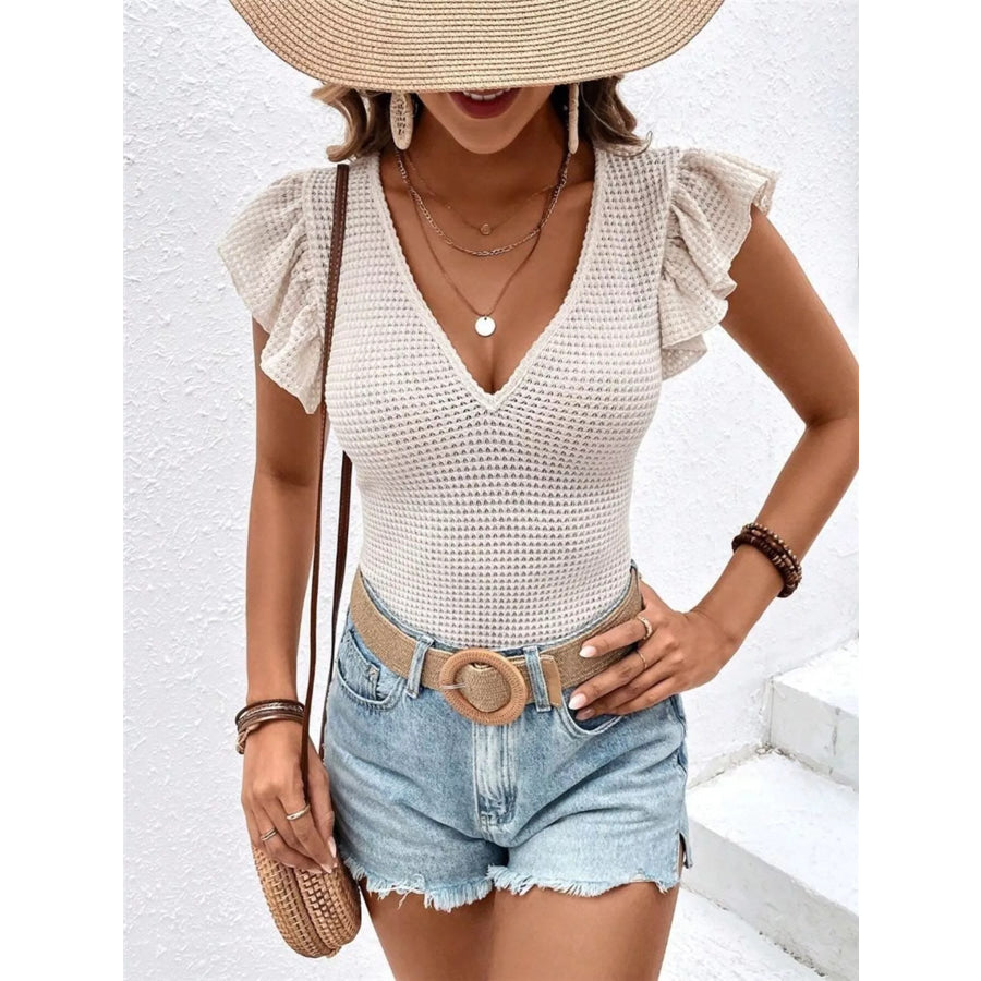 Waffle Knit Ruffle Sleeve V-Neck T-Shirt Apparel and Accessories
