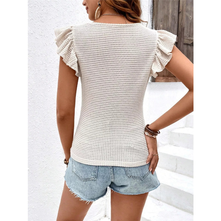 Waffle Knit Ruffle Sleeve V-Neck T-Shirt Apparel and Accessories