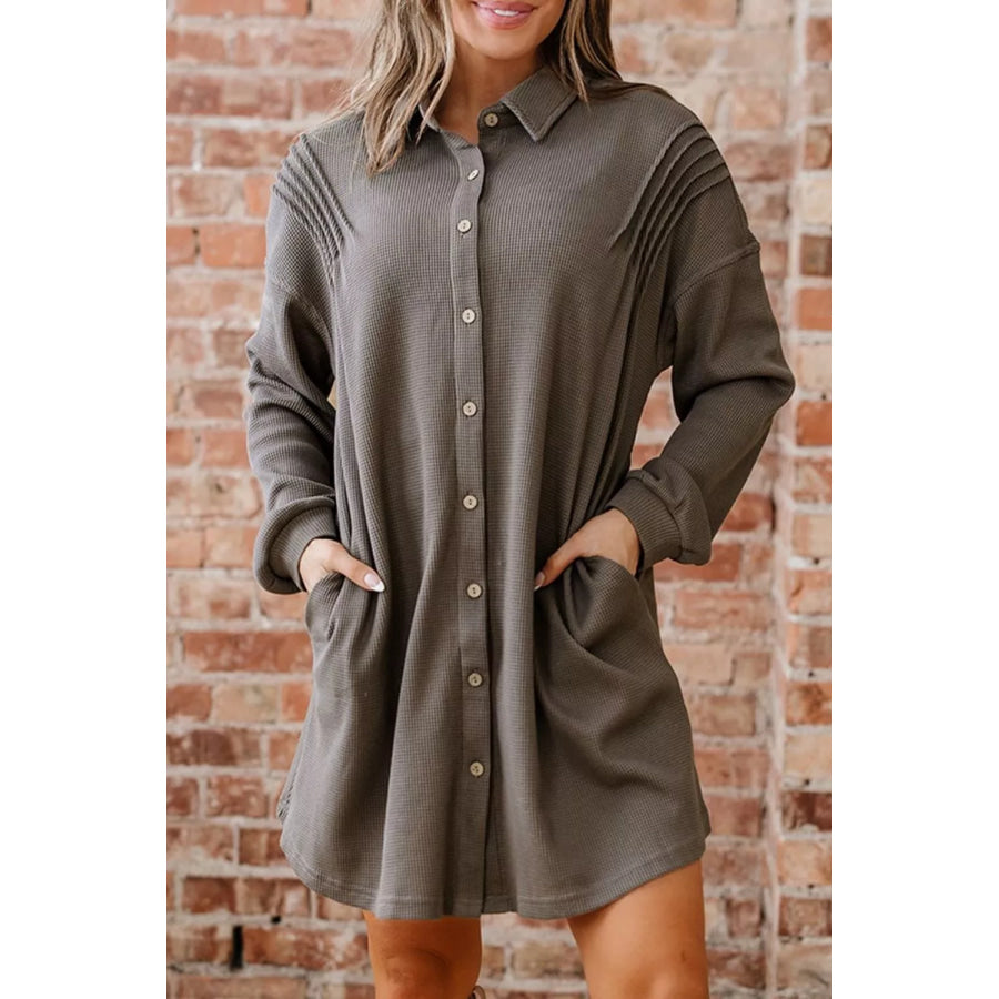 Waffle Knit Shirt Tunic Dress Coffee Brown / S Apparel and Accessories
