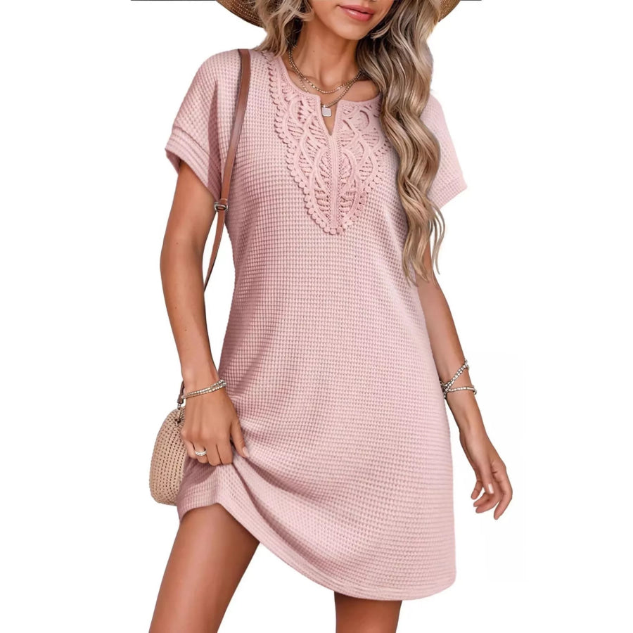 Waffle Knit Short Sleeve Dress Pink / S Apparel and Accessories