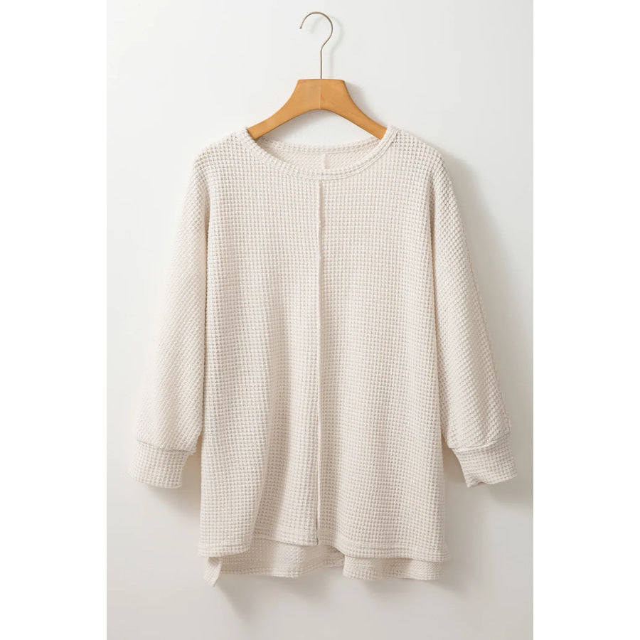 Waffle-Knit Slit Round Neck Long Sleeve Top Apparel and Accessories