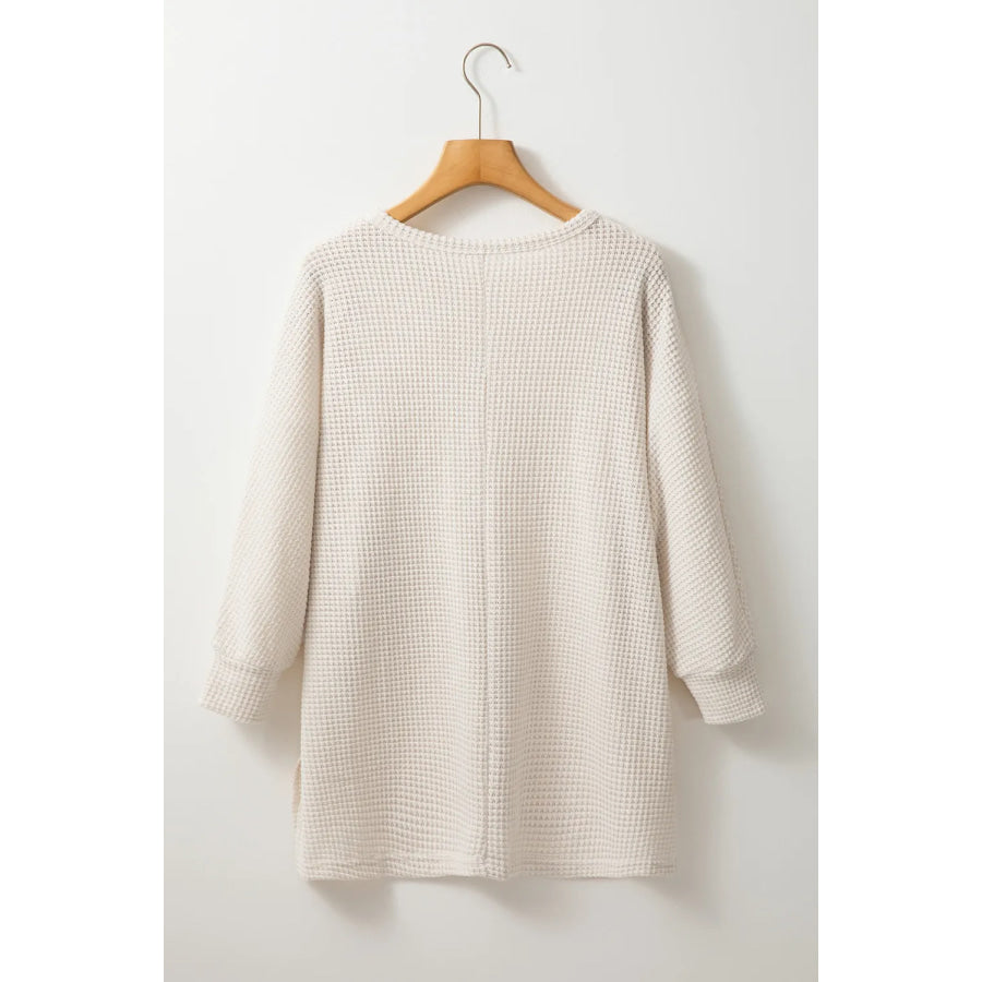 Waffle-Knit Slit Round Neck Long Sleeve Top Apparel and Accessories