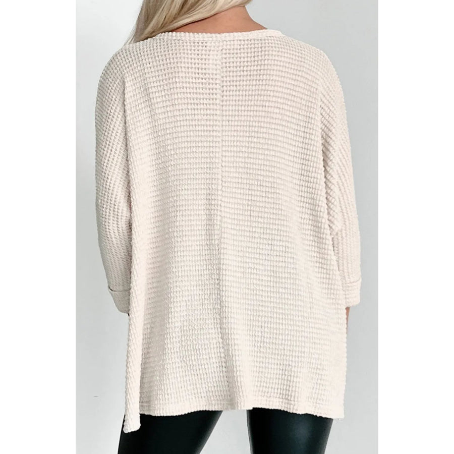 Waffle-Knit Slit Round Neck Long Sleeve Top Apparel and Accessories