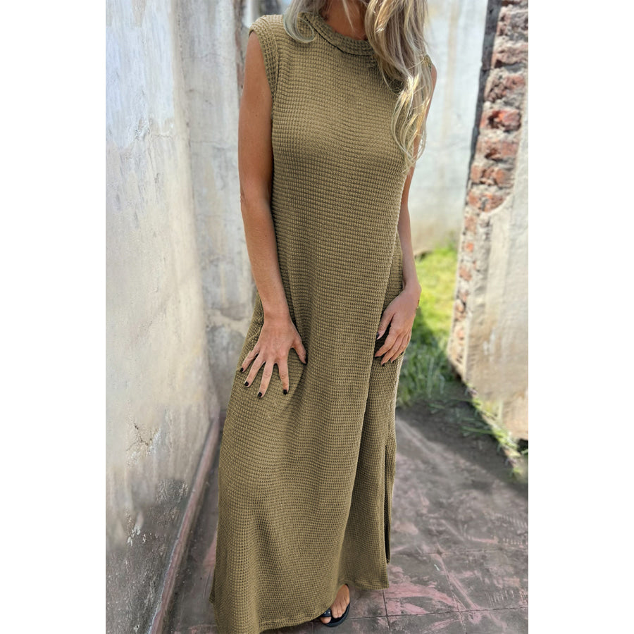 Waffle - Knit Slit Sleeveless Maxi Dress Apparel and Accessories