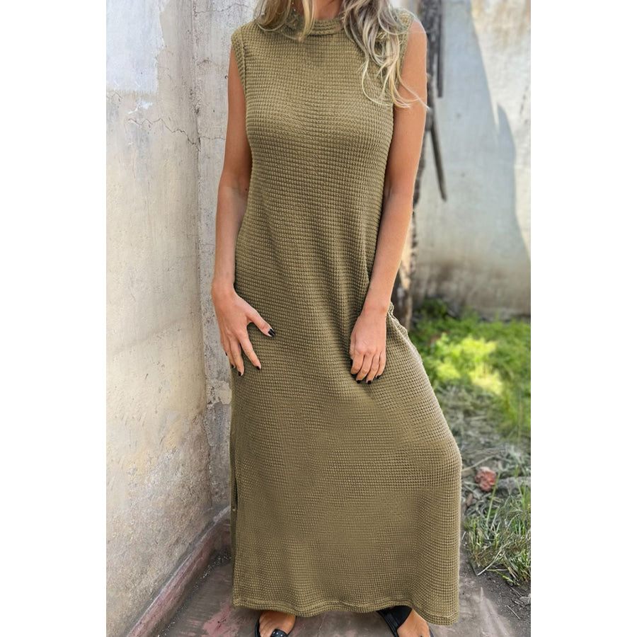 Waffle - Knit Slit Sleeveless Maxi Dress Olive / S Apparel and Accessories