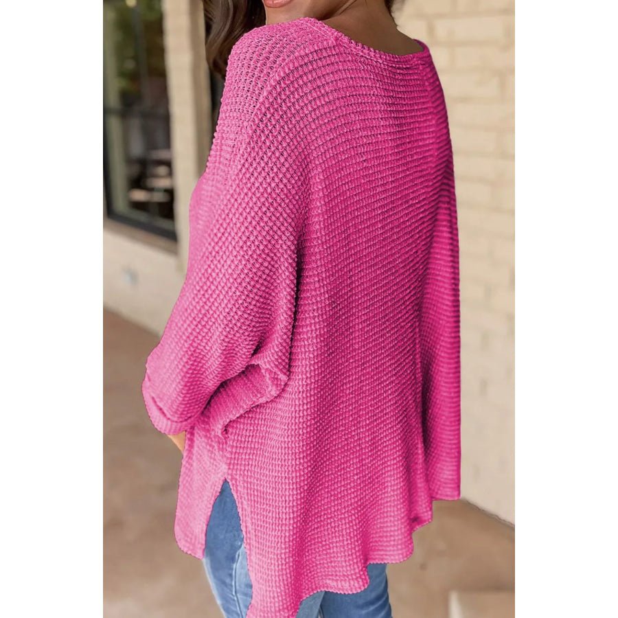 Waffle-Knit Slit V-Neck Long Sleeve Blouse Apparel and Accessories