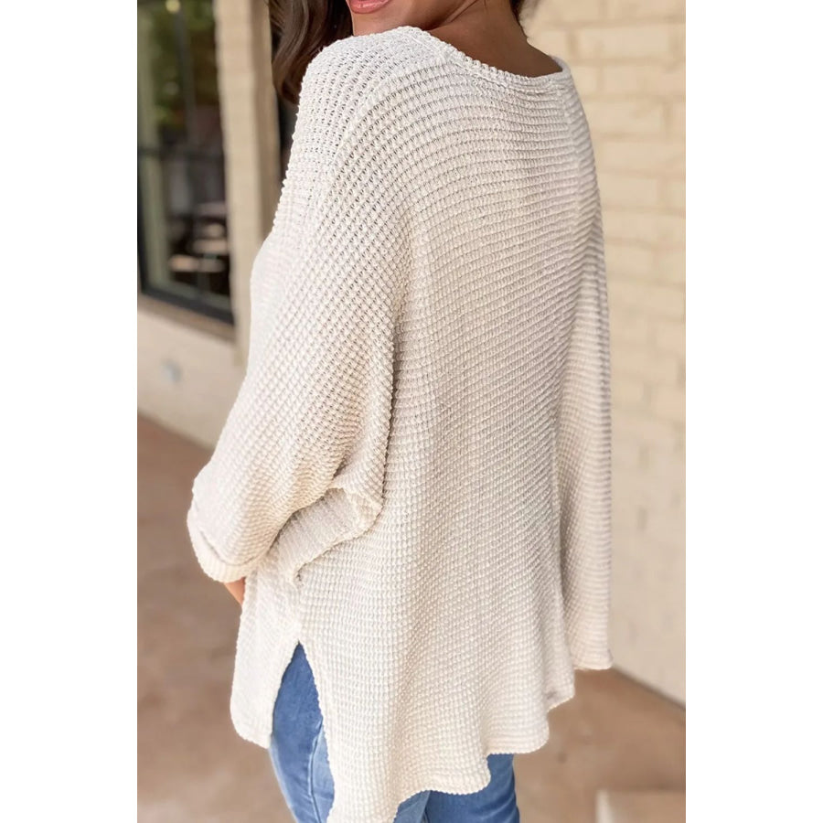 Waffle-Knit Slit V-Neck Long Sleeve Blouse Apparel and Accessories